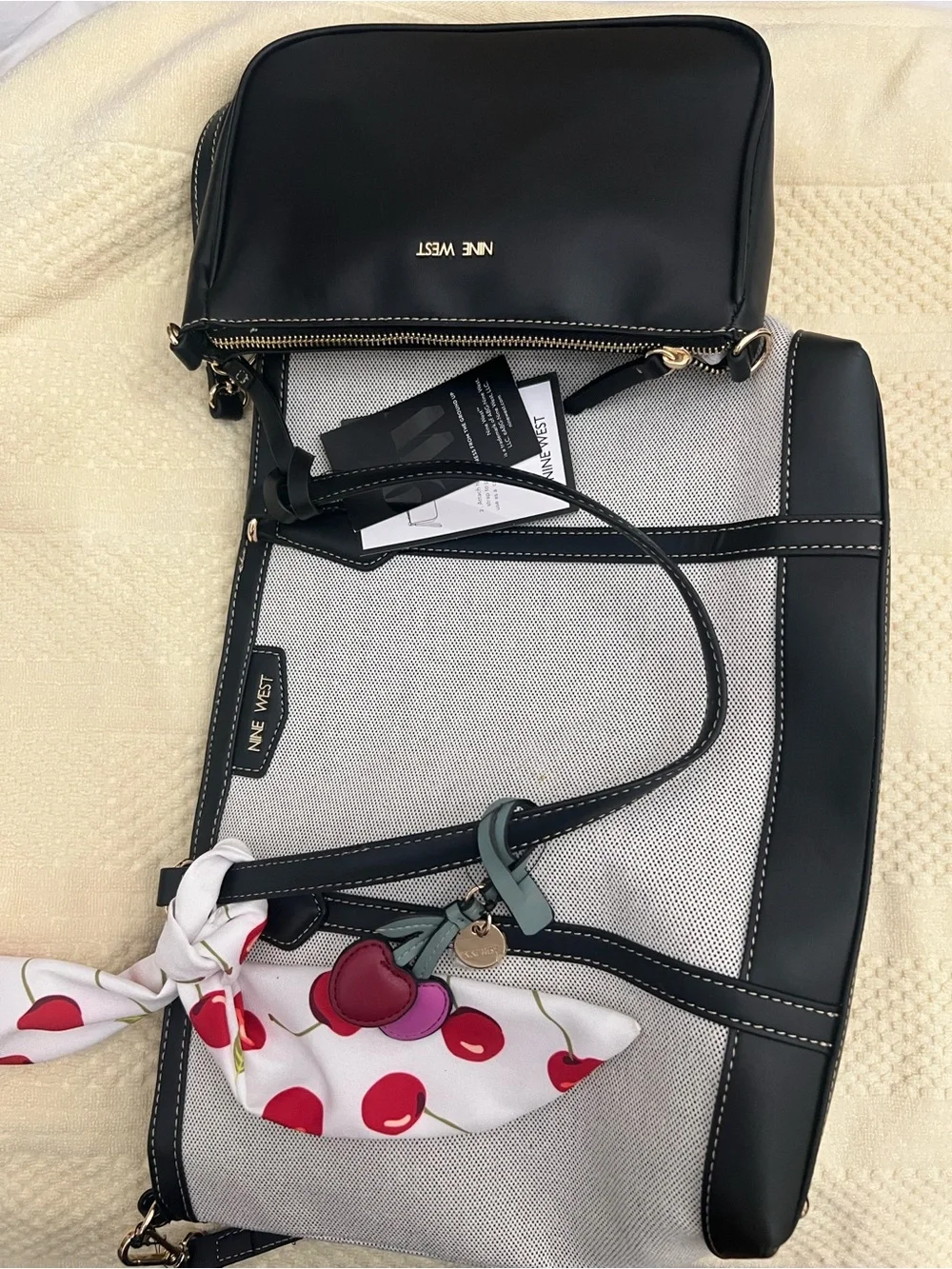 Nine West Black and White Canvas Tote with Cherry Scarf Accent